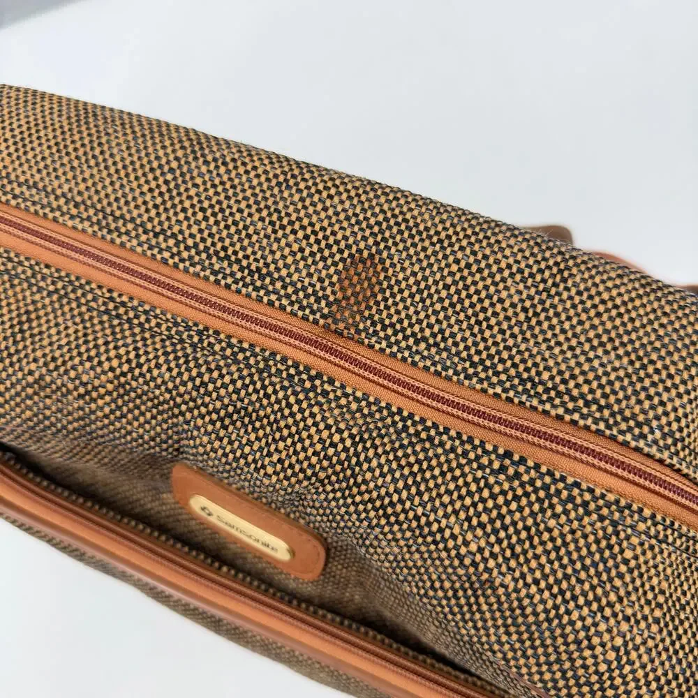 Vtg 70s Samsonite Tweed Woven Brown Carry On Travel Luggage Shoulder Strap Bag